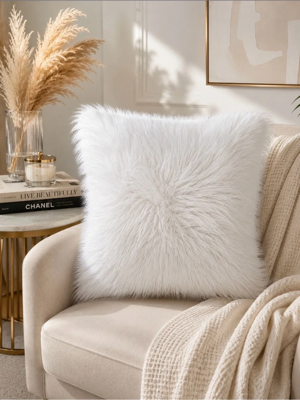 Plush Faux Fur Throw Pillow - White - Picture 1 of 2